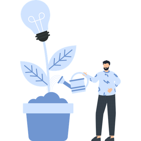Homme arrosant une plante à ampoule, concept de croissance et d'innovation  Illustration