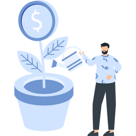Homme arrosant une plante monétaire avec un signe dollar Croissance de l'entreprise  Illustration
