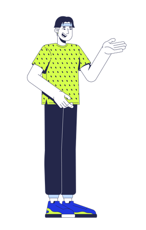 Homme asiatique décontracté gesticulant en t-shirt à motifs tout en parlant  Illustration