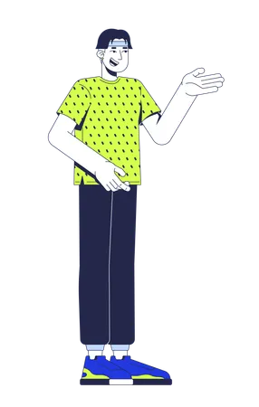 Homme asiatique décontracté gesticulant en t-shirt à motifs tout en parlant  Illustration