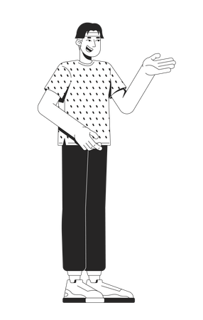 Homme asiatique décontracté gesticulant en t-shirt à motifs tout en parlant  Illustration