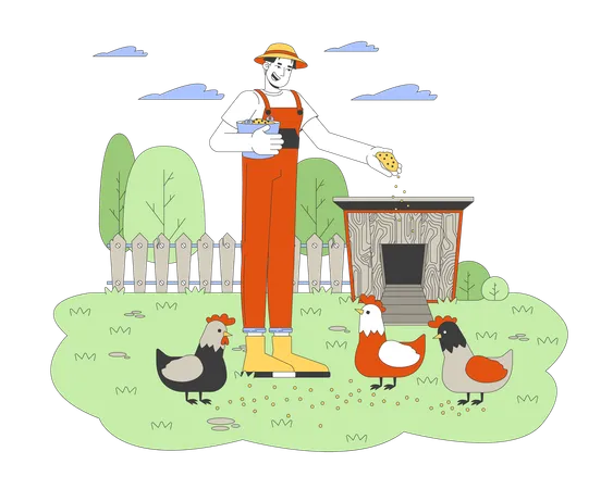 Homme asiatique nourrissant des poulets  Illustration