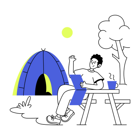 Homme assis à l'extérieur du camp  Illustration