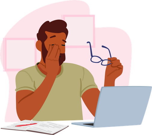 Homme assis à table et tenant des lunettes dans une main et se frottant les yeux fatigués avec l'autre  Illustration