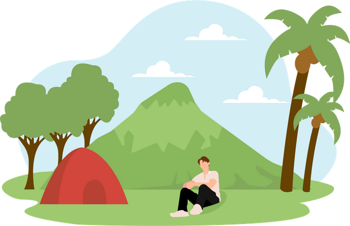 Homme assis au camping  Illustration