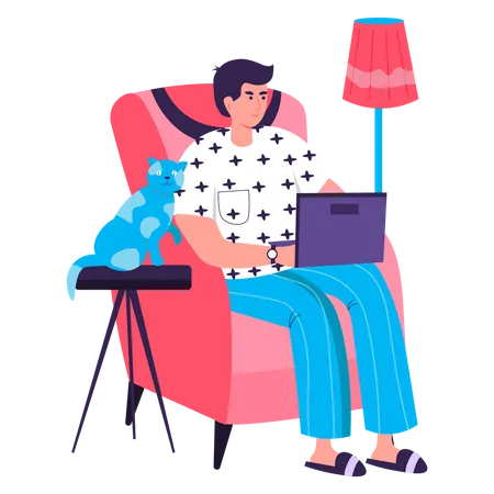 Homme assis avec un ordinateur portable sur une chaise  Illustration