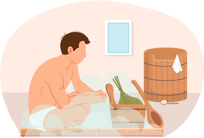 Homme assis dans un hammam  Illustration