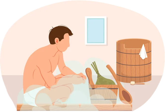 Homme assis dans un hammam  Illustration