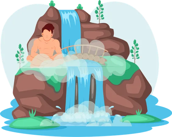 Homme assis dans un lac à côté d'un rocher et d'une cascade  Illustration