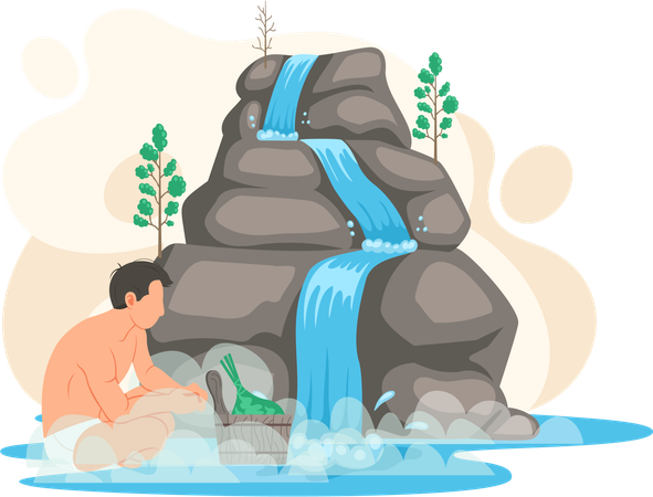 Homme assis dans un lac à côté d'un rocher et d'une cascade  Illustration