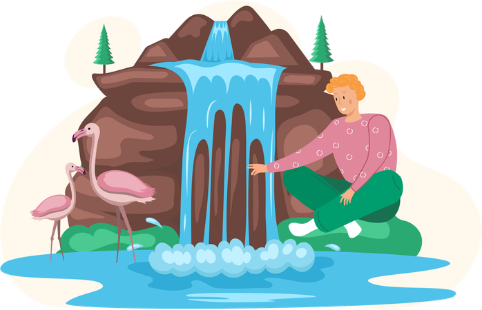 Homme assis dans un lac à côté d'un rocher et d'une cascade  Illustration