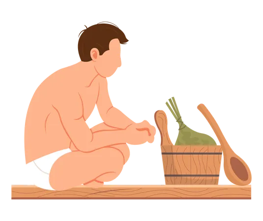 Homme assis et relaxant dans un sauna  Illustration