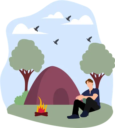 Homme assis près d'un feu de camp  Illustration