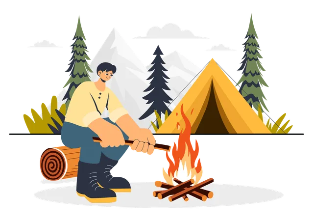 Homme assis près d'un feu de camp  Illustration