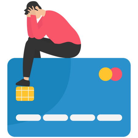 Homme désespéré assis avec une longue liste de factures en souffrance sur une carte de crédit  Illustration