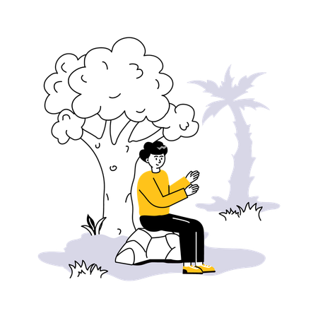 Homme assis sous un arbre en été  Illustration