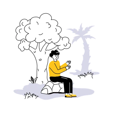 Homme assis sous un arbre en été  Illustration