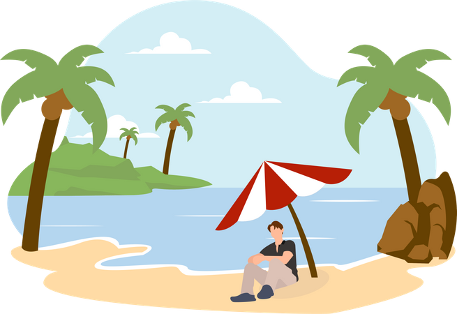 Homme assis sous un parasol à la plage  Illustration