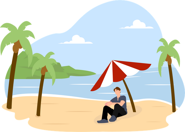 Homme assis sous un parasol  Illustration