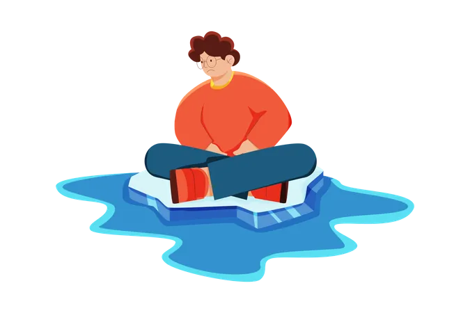 Homme assis sur un glacier en train de fondre  Illustration