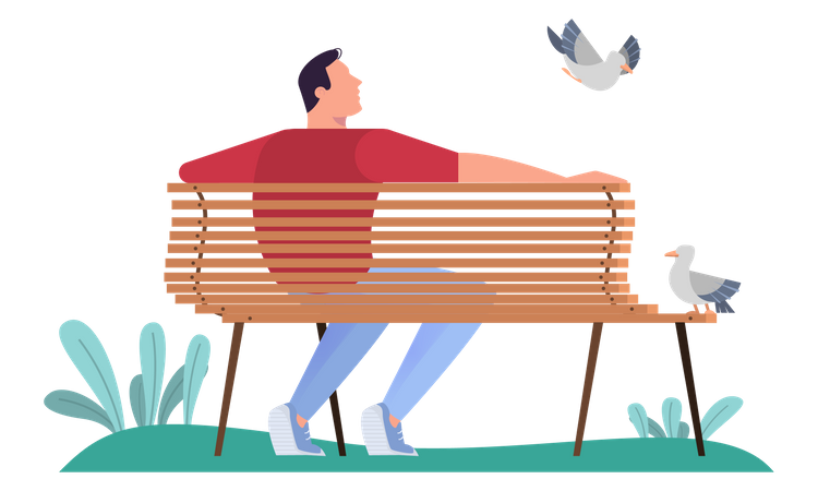 Homme assis sur le banc dans le parc  Illustration