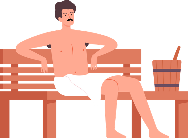 Homme assis sur un banc dans un spa sauna  Illustration