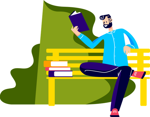 Homme assis sur un banc dans un parc et lisant des livres  Illustration
