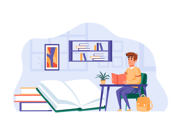 Homme assis sur un bureau lisant un livre  Illustration