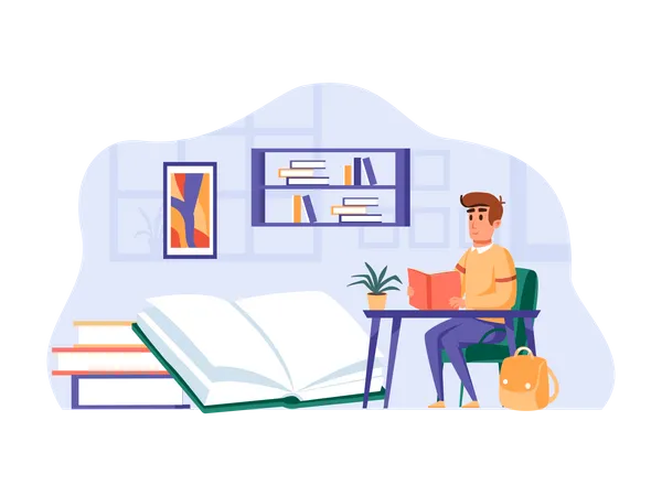 Homme assis sur un bureau lisant un livre  Illustration