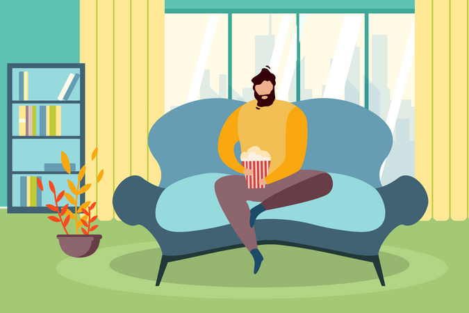 Homme assis sur un canapé avec un seau à pop-corn et regardant la télévision  Illustration