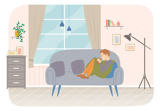 Homme assis sur un canapé, buvant du café ou du thé dans l'appartement  Illustration