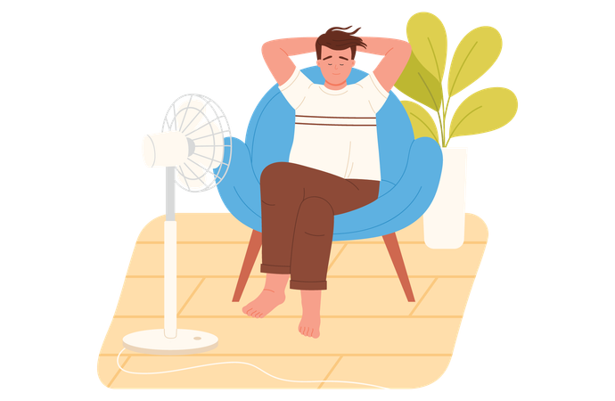 Homme assis sur un canapé devant un ventilateur  Illustration