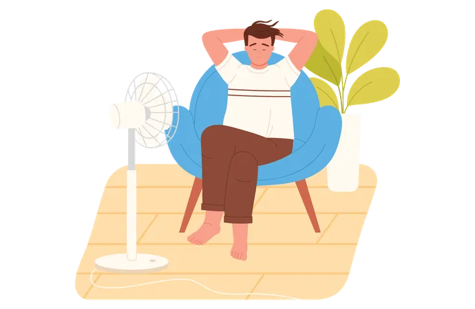Homme assis sur un canapé devant un ventilateur  Illustration
