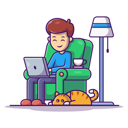 Homme assis sur un canapé et travaillant sur un ordinateur portable  Illustration