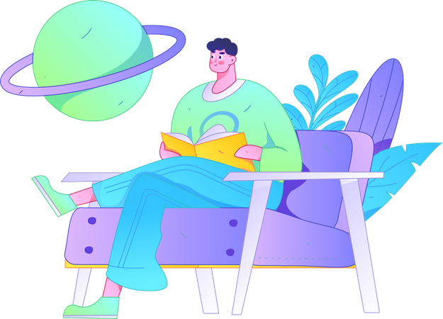 Homme assis sur un fauteuil en lisant un livre  Illustration