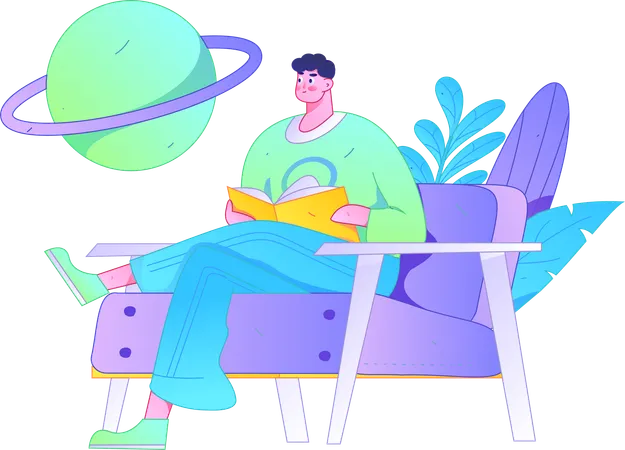 Homme assis sur un fauteuil en lisant un livre  Illustration