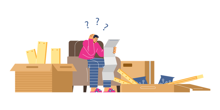 Un homme assis sur un fauteuil et confus par le manuel de montage  Illustration