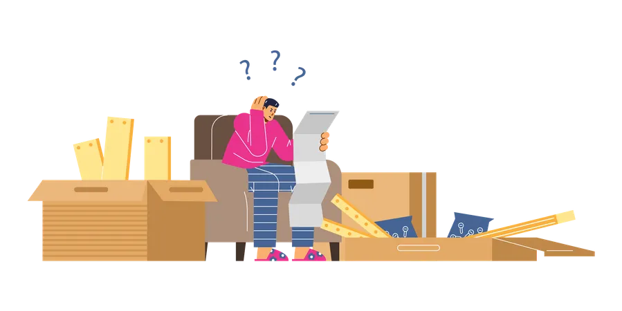 Un homme assis sur un fauteuil et confus par le manuel de montage  Illustration