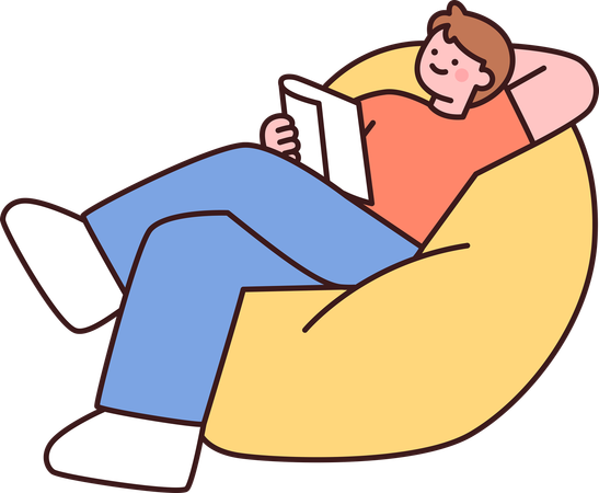 Homme assis sur un pouf et lisant un livre  Illustration