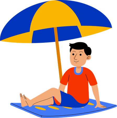 Homme assis sur un tapis à la plage  Illustration