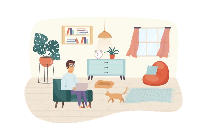 L'homme est assis sur une chaise avec un ordinateur portable et un chat dans le salon  Illustration