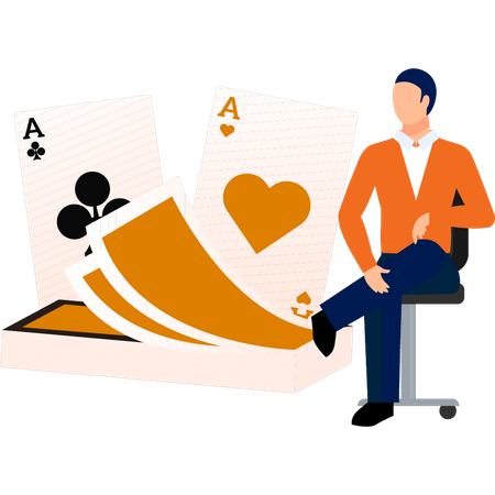 Homme assis sur une chaise et regardant des cartes de poker  Illustration