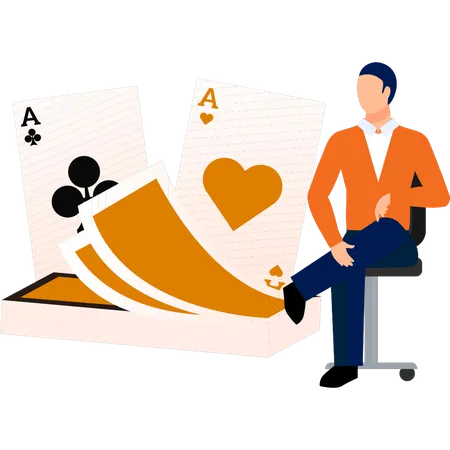 Homme assis sur une chaise et regardant des cartes de poker  Illustration