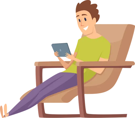 Homme assis sur une chaise et utilisant une tablette  Illustration