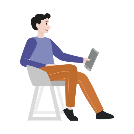 Homme assis sur une chaise et utilisant une tablette  Illustration