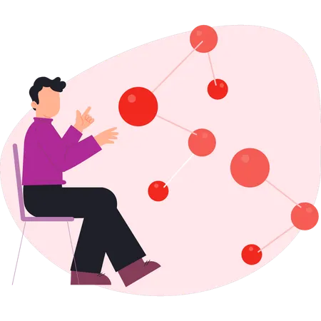 Homme assis sur une chaise pointant des molécules d'ADN  Illustration