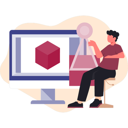 Homme assis sur une chaise pointant du doigt un dessin  Illustration