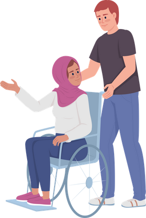 Un homme aide une femme handicapée  Illustration