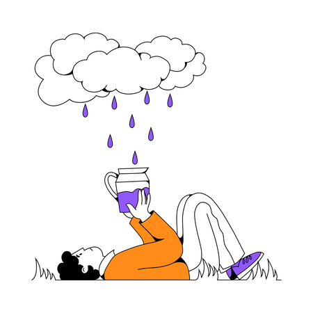 L'homme attend la pluie pour remplir la carafe  Illustration