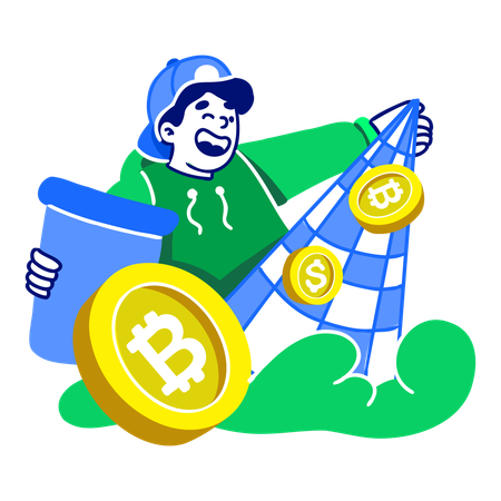 Un homme attrape des bitcoins  Illustration